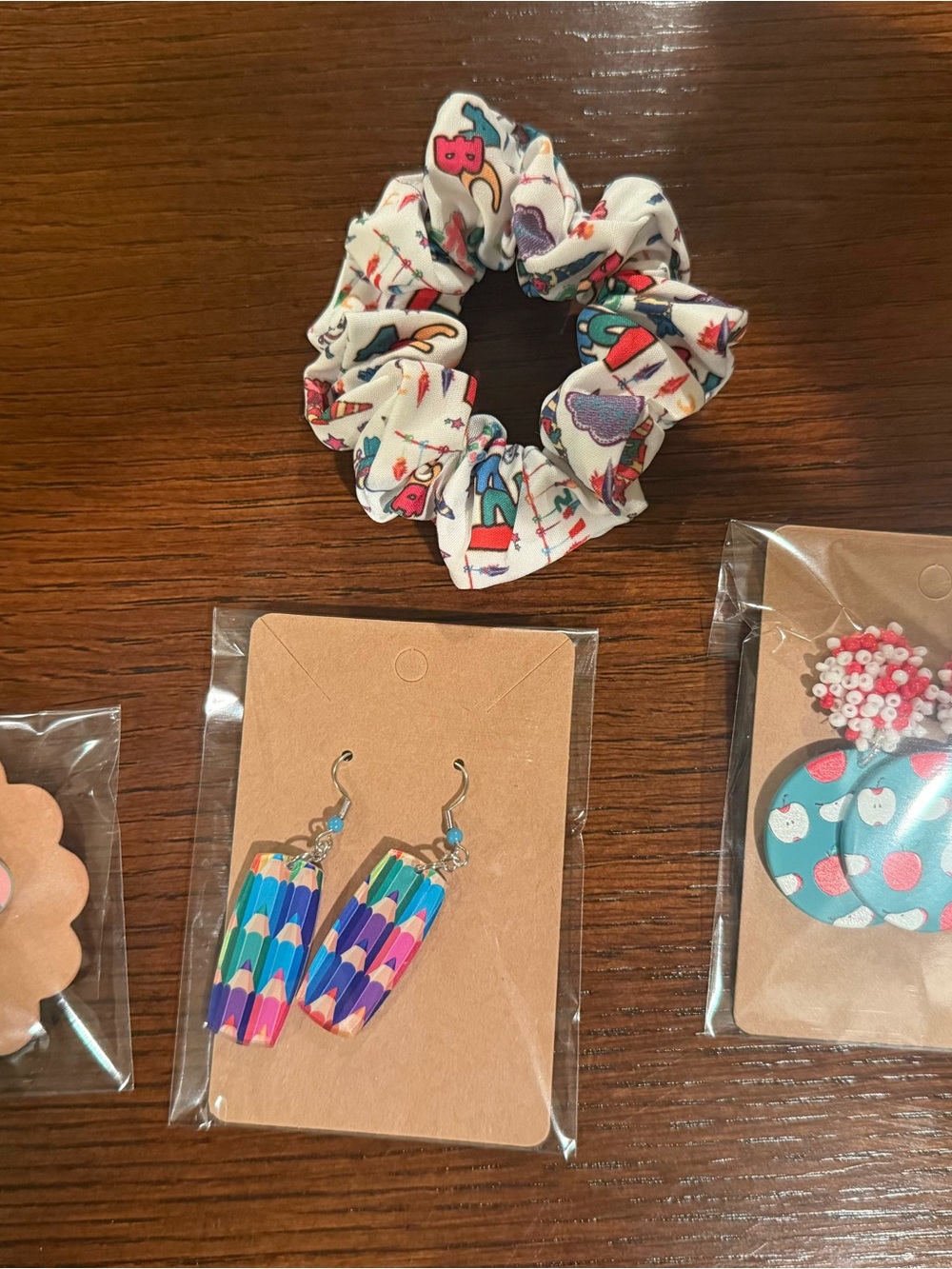 Teacher earrings and scrunchie
